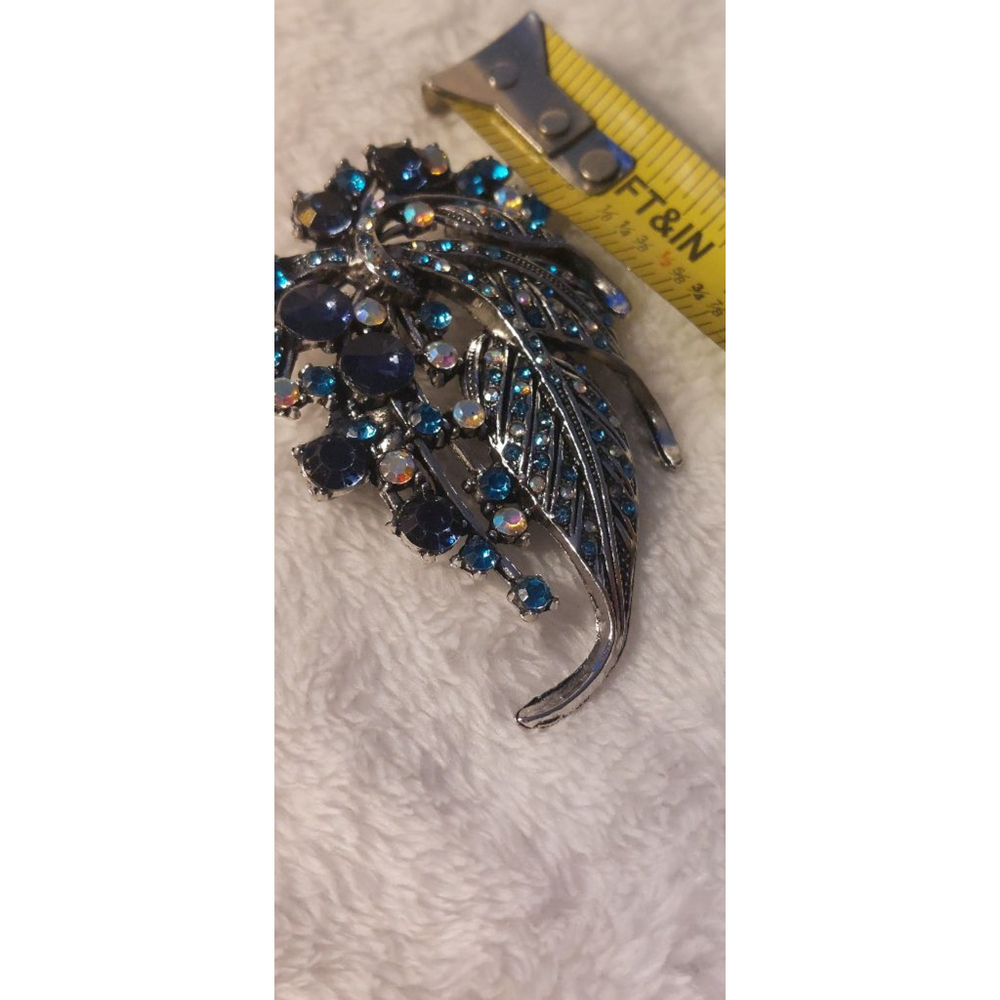 Blue Silver Rhinestone Leaf Brooch Pin